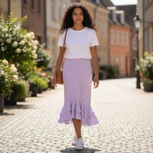 Stella Forest Lilac and White Gingham Ruffle Mermaid Maxi Skirt Cotton